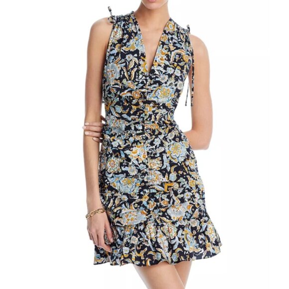 Veronica Beard 'Jackson' Ruched Stretch-Cotton Mini-Dress, Black Multi - Picture 1 of 6